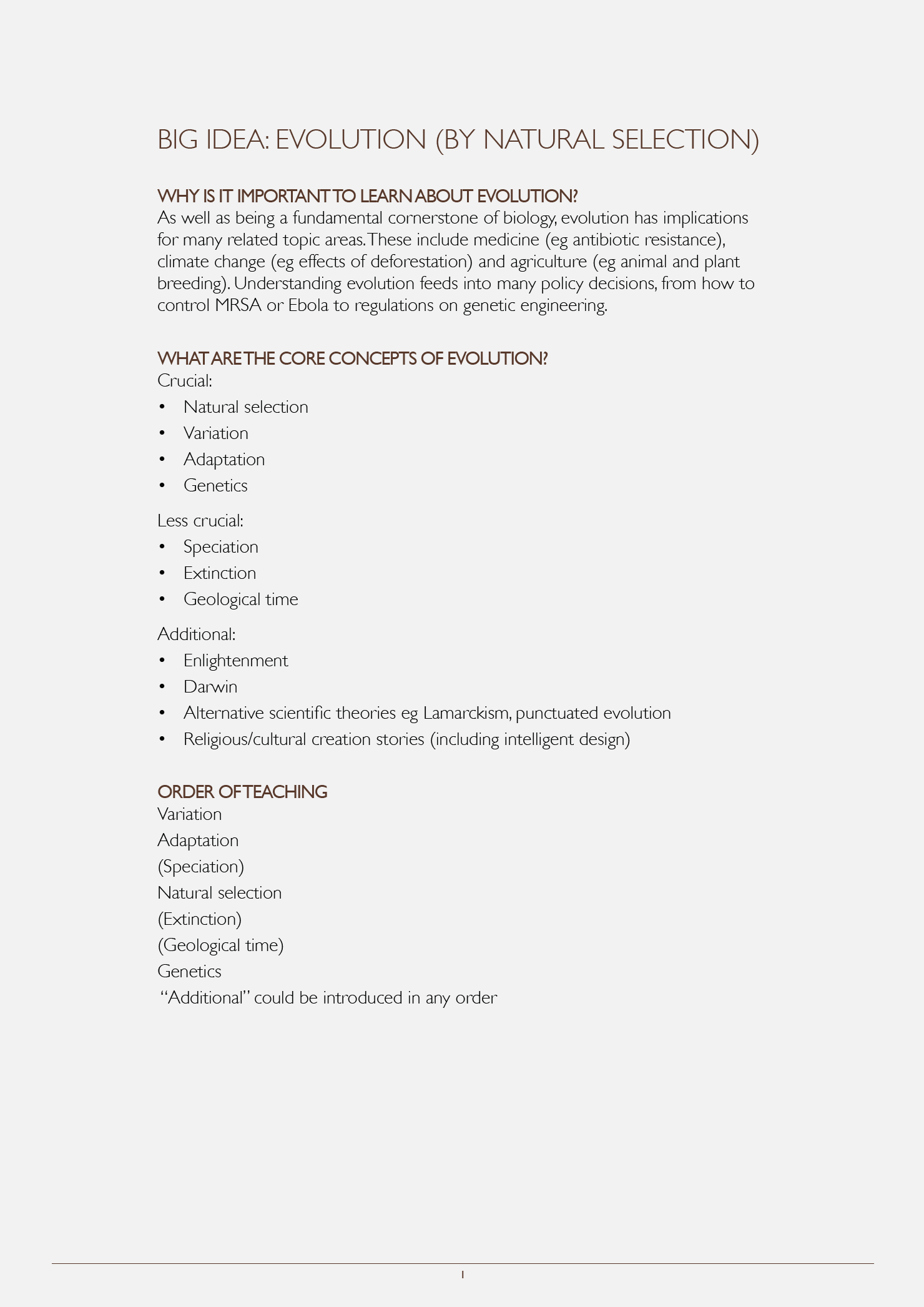 Content Representation (CoRe) Examples: Evolution as a Big idea