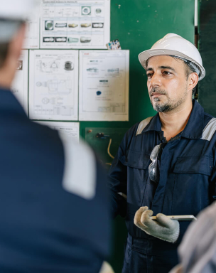 A man wearing a hard hat and gloves, engaged in a discussion in front of a wall displaying technical documents and charts.